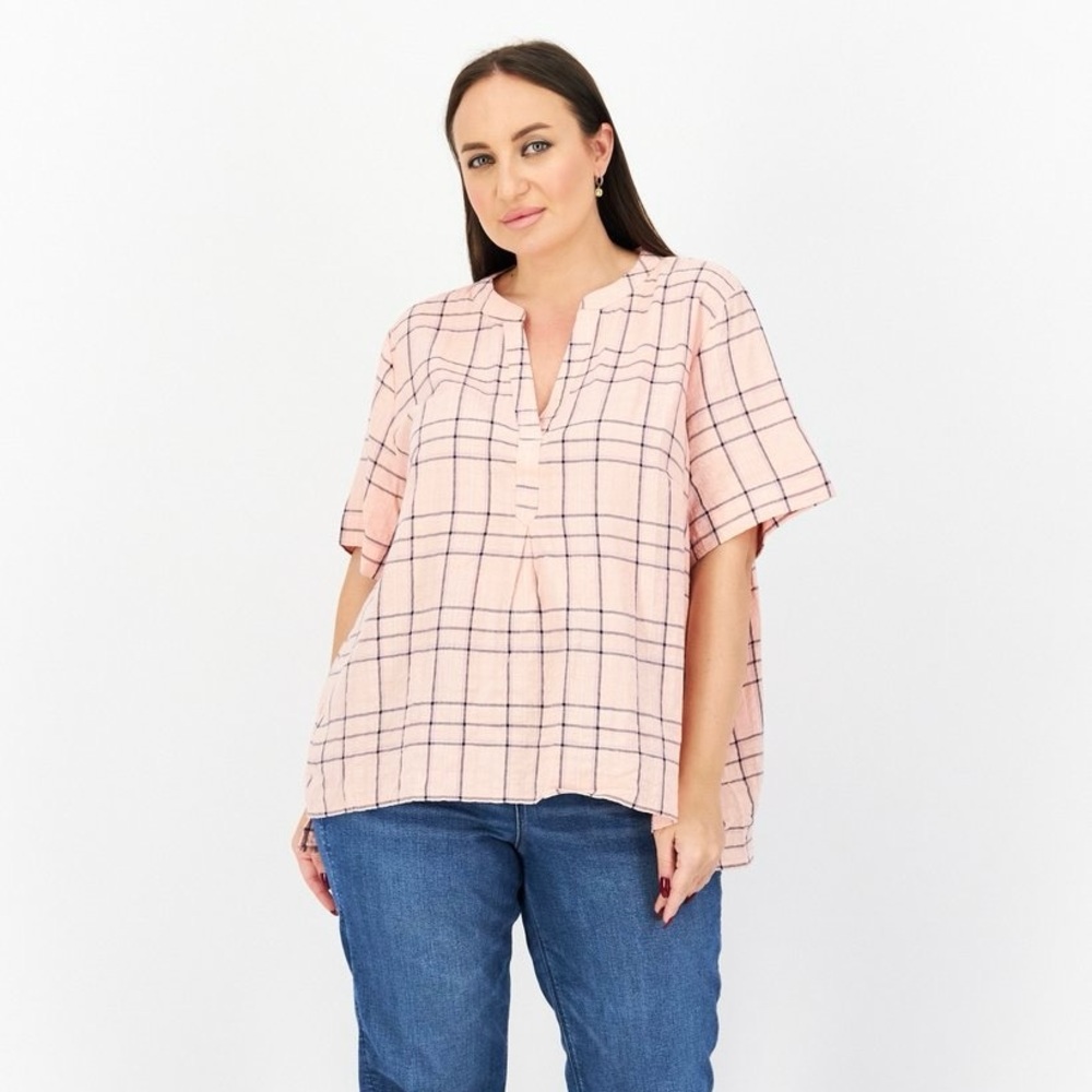 Gloria Vanderbilt Tunic‎ Blouse Coral Navy Plaid New Cotton Short 2XL XXL Vneck